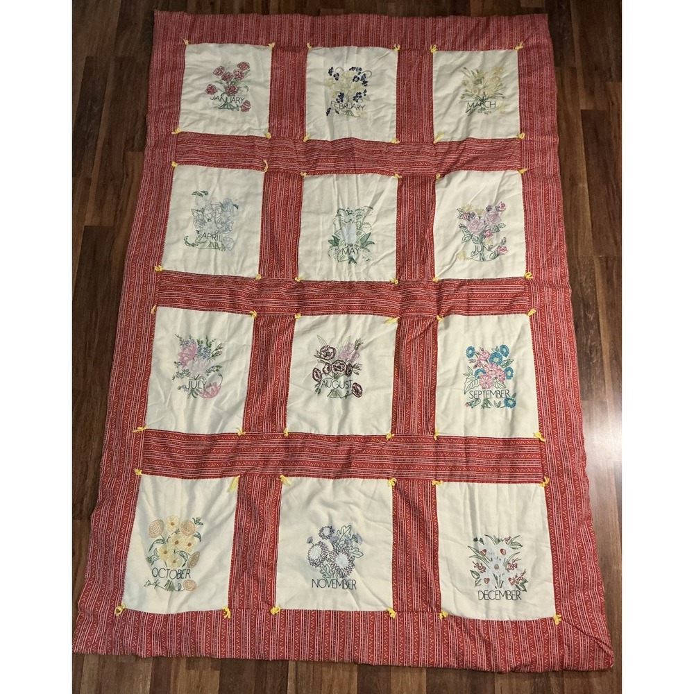 Hand Embroidered Floral MONTHS OF THE YEAR Tie/Patchwork Quilt 89in X 58in